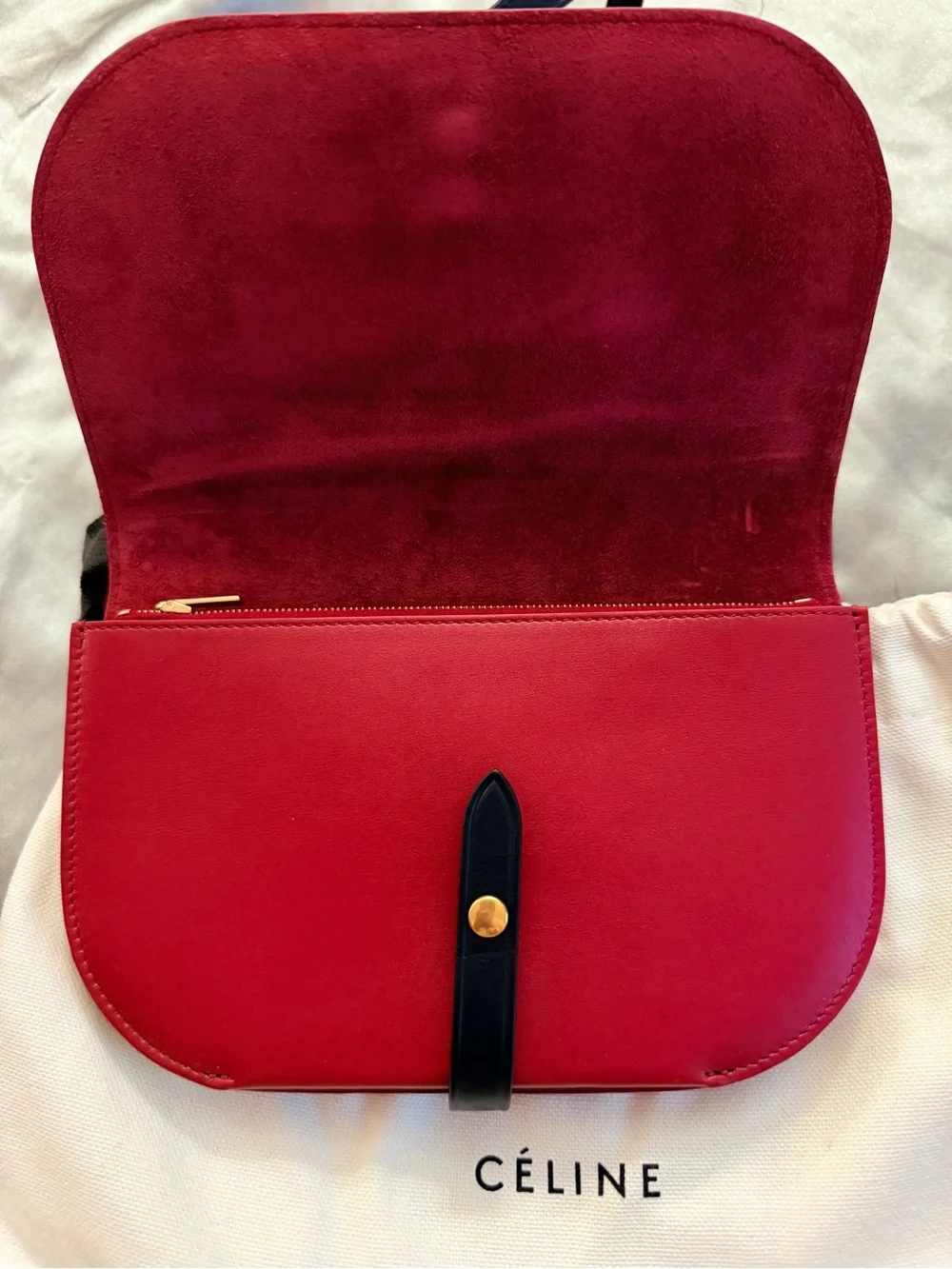 Celine Red Leather Crossbody with Black Strap and Gold Accent